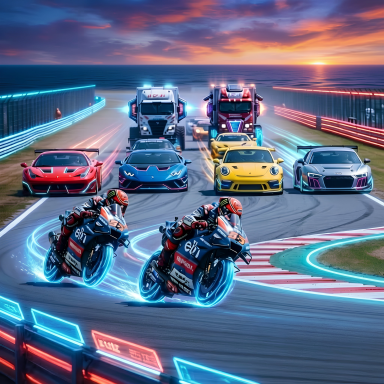 Motorcycles race on a track with various colorful cars in the background at sunset.